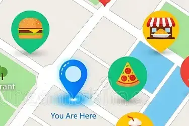 vibrant digital map displaying various points interest central you here pin marks current location surrounded 432980890 (1)